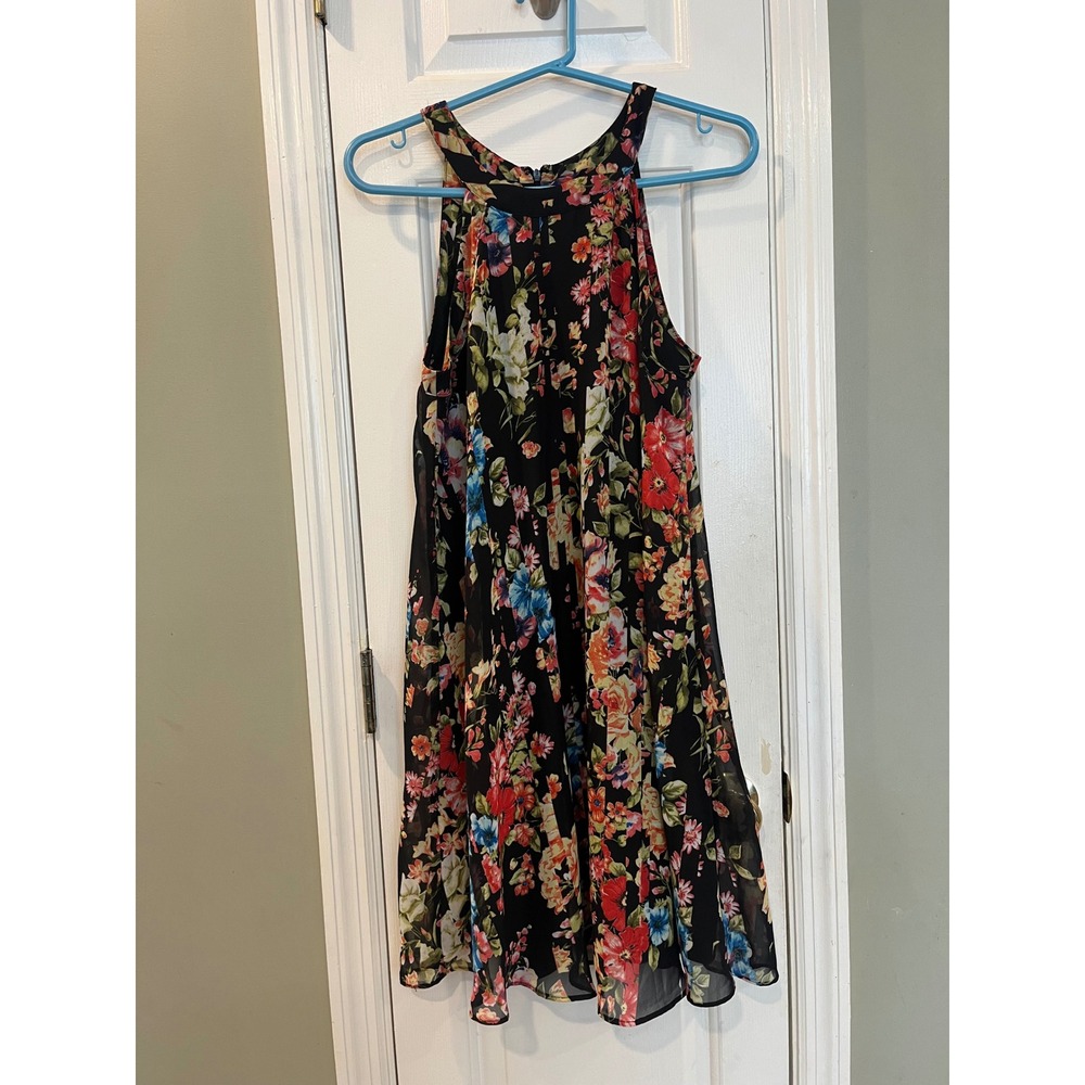 Betsey Johnson Floral Halter Trapeze Dress Black Multi Chiffon Sleeveless 6 B3